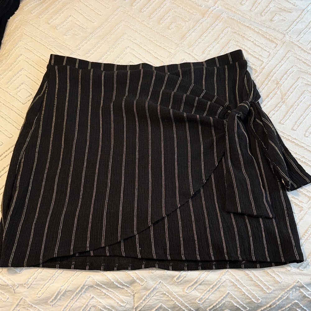 H&M Black Pinstripe Asymmetrical Wrap Mini Skirt with Side Tie
